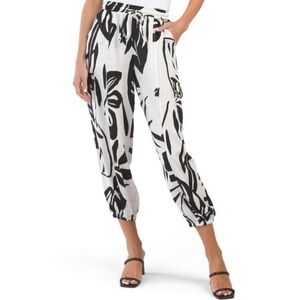 Christian Siriano Cargo Jogger Pants Black White Leaf Print Rayon M